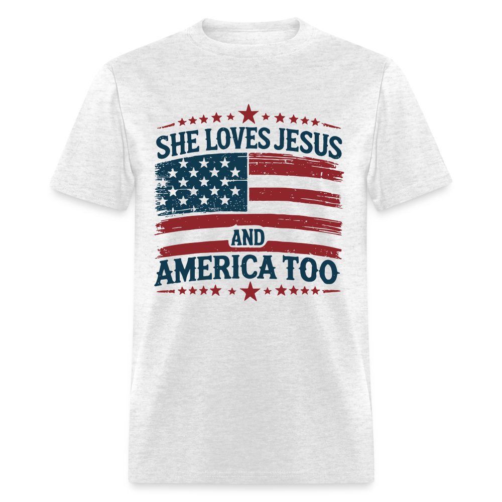 She Loves Jesus and America Too T-Shirt - Color: light heather gray