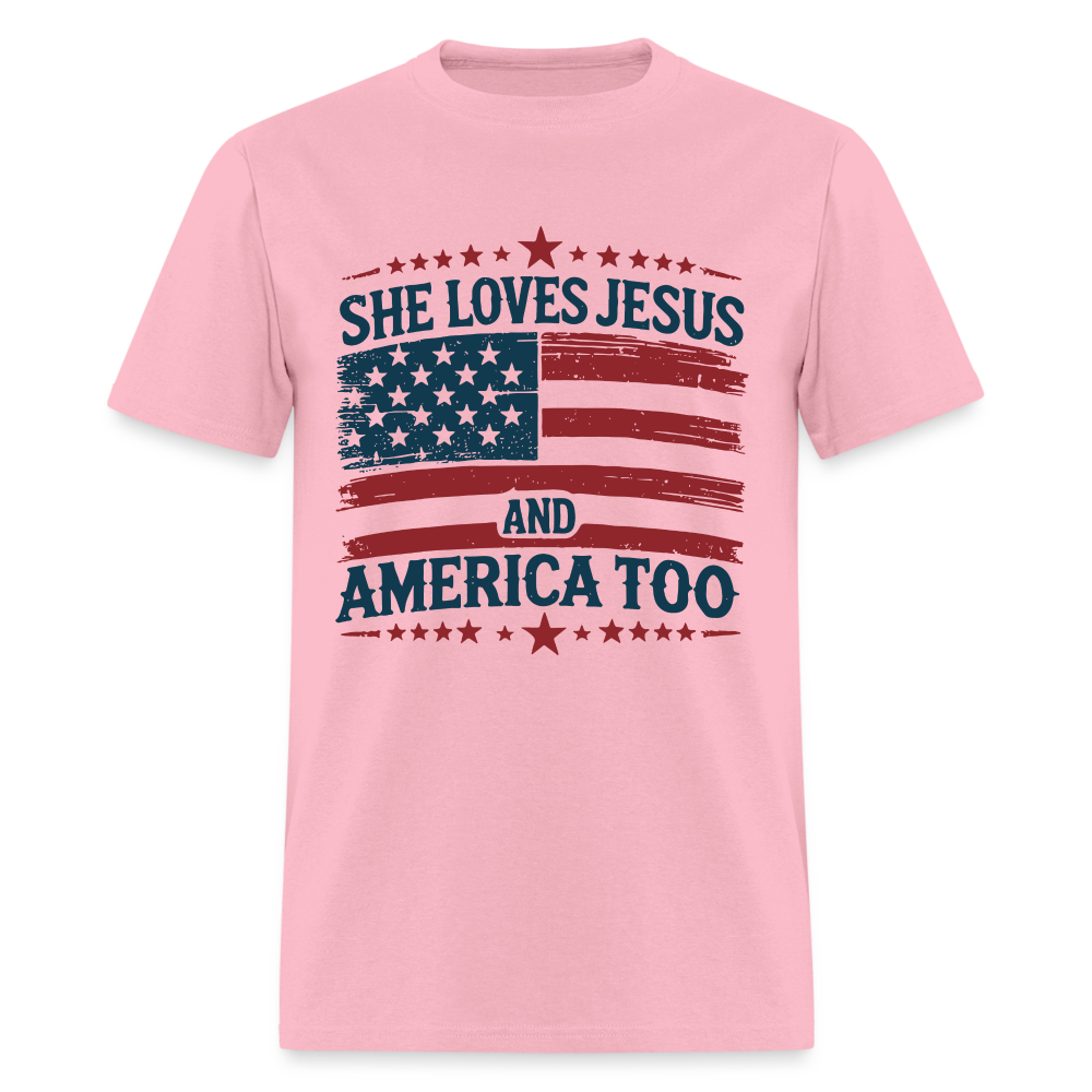 She Loves Jesus and America Too T-Shirt - Color: pink