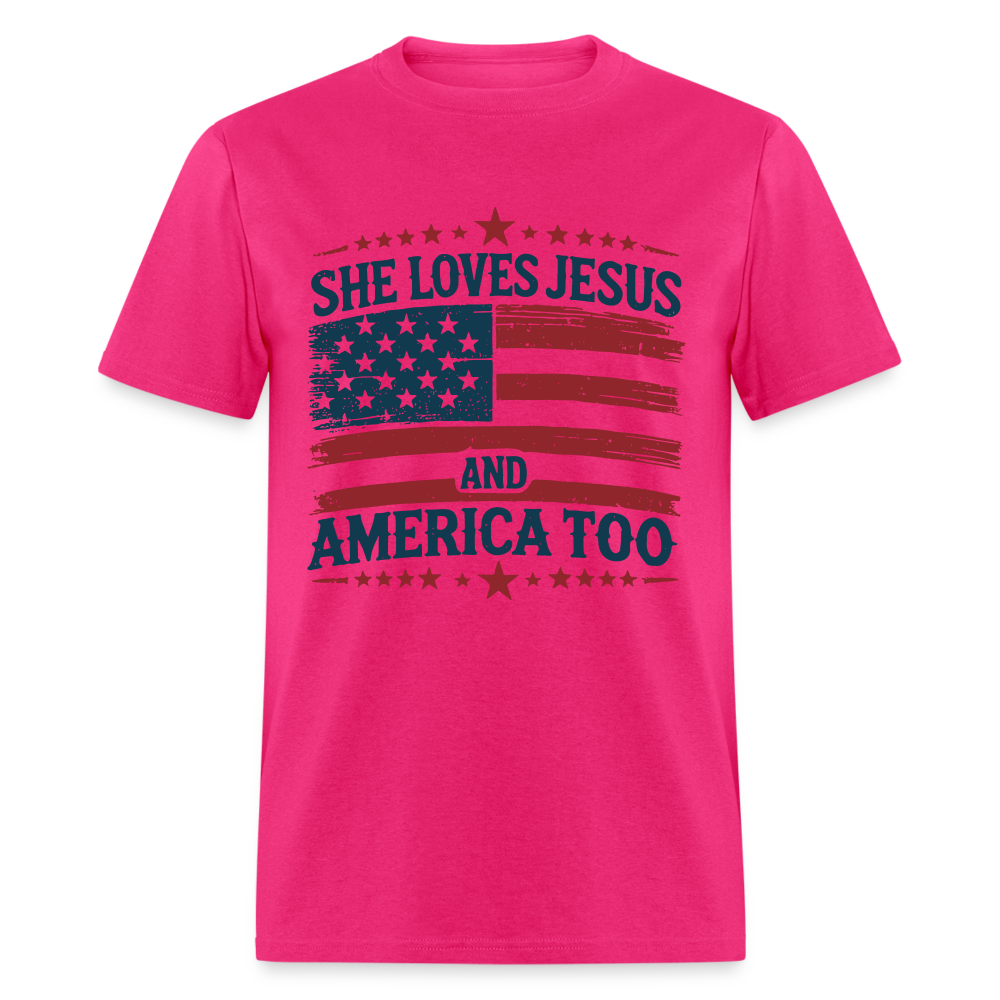 She Loves Jesus and America Too T-Shirt - Color: fuchsia