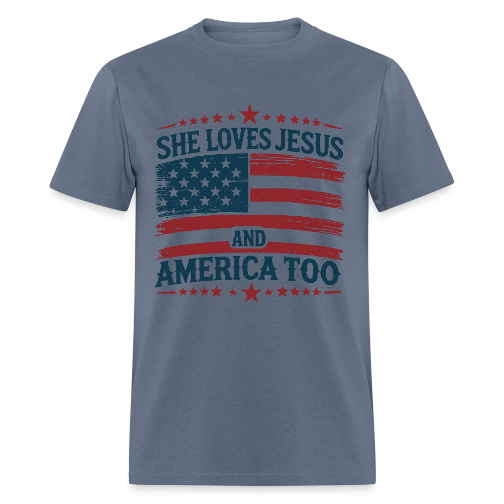 She Loves Jesus and America Too T-Shirt - Color: denim