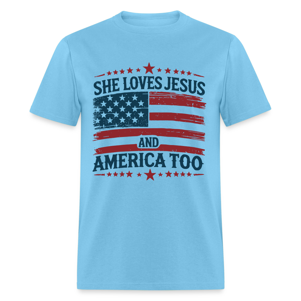 She Loves Jesus and America Too T-Shirt - Color: aquatic blue