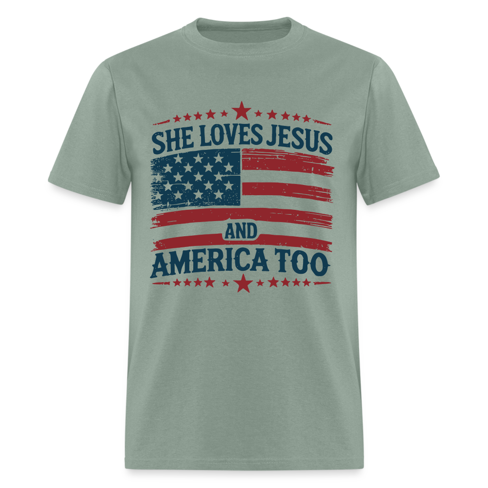 She Loves Jesus and America Too T-Shirt - Color: sage