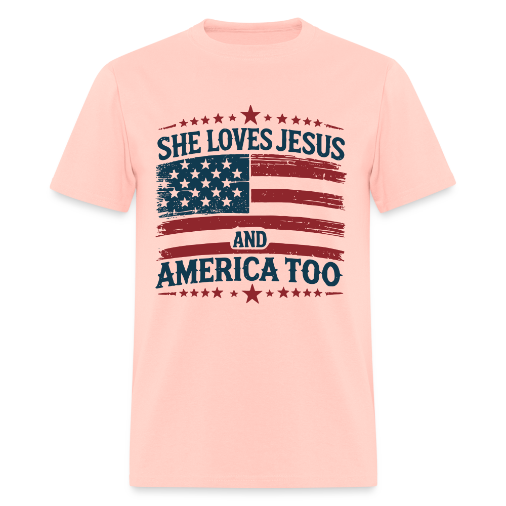 She Loves Jesus and America Too T-Shirt - Color: blush pink