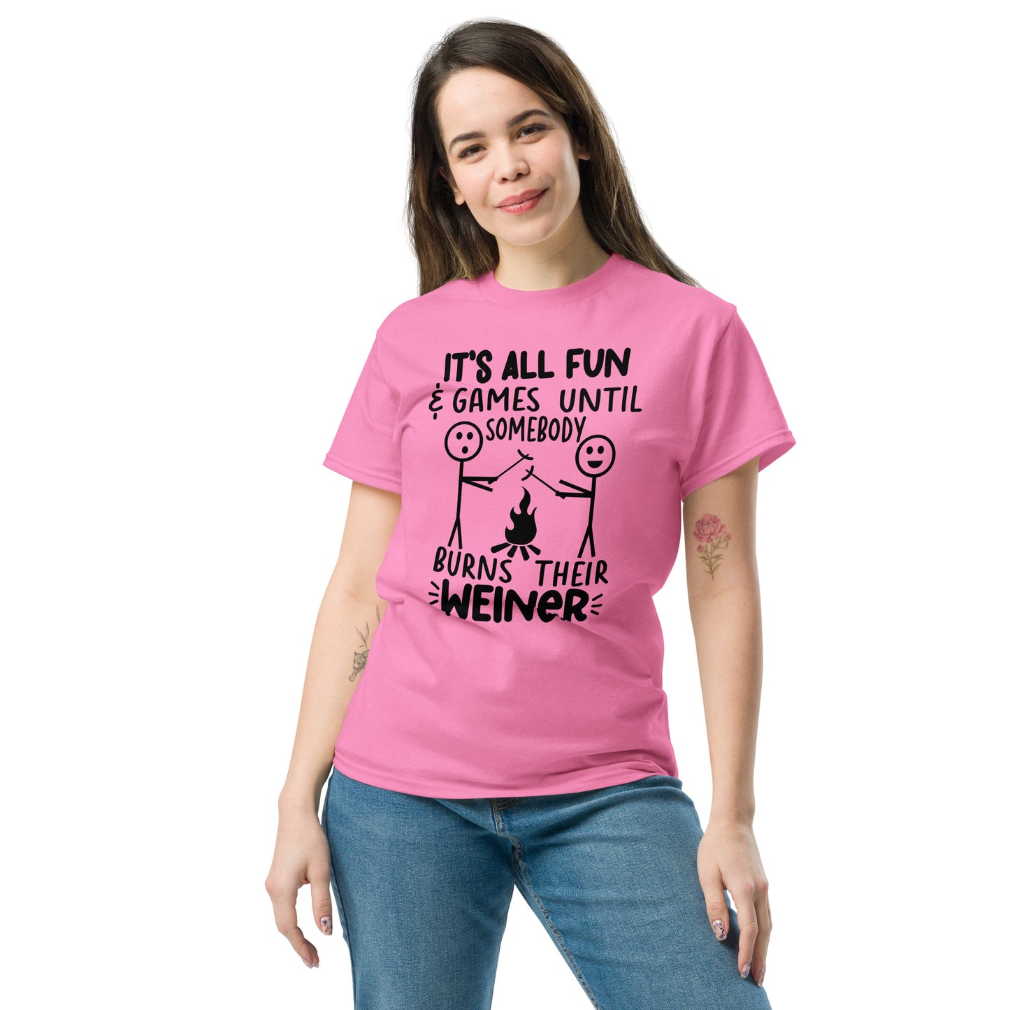 It's All Fun & Games Until Somebody Burns Their Weiner (BBQ Grilling Humor) T-Shirt - Color: Red