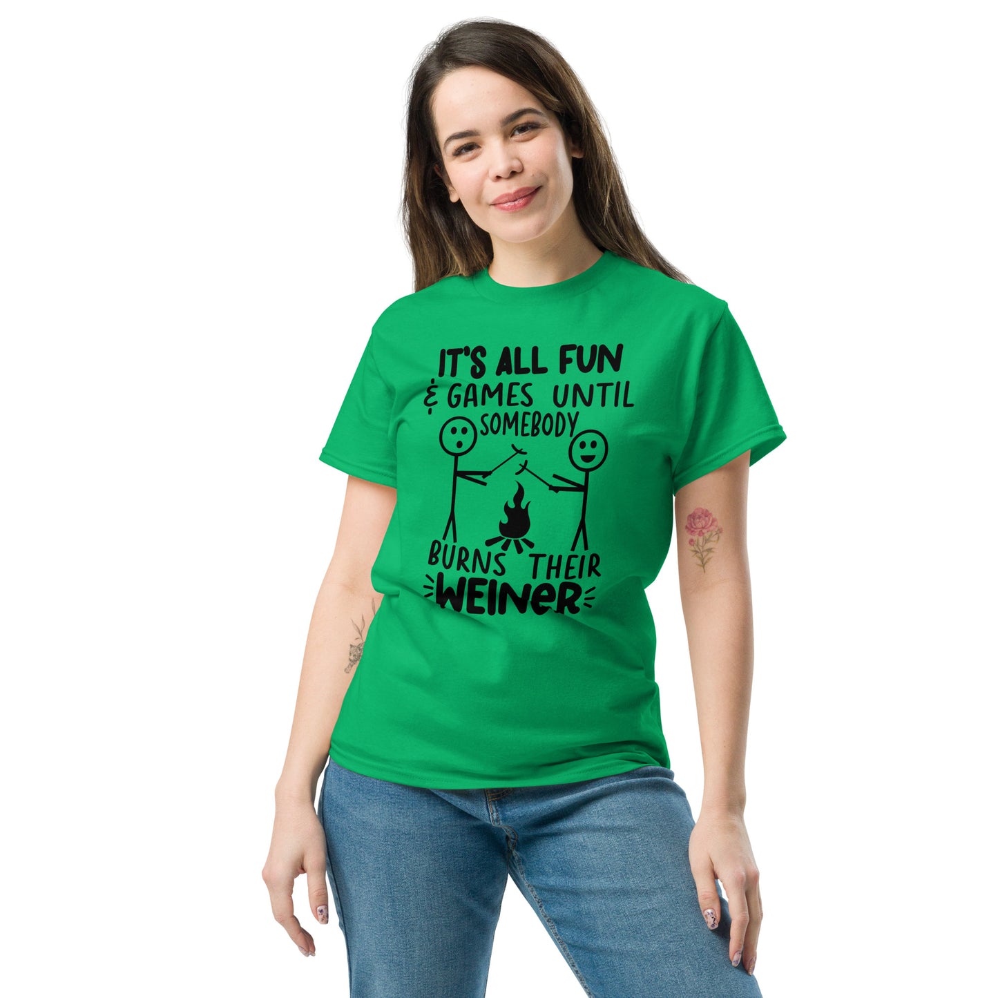 It's All Fun & Games Until Somebody Burns Their Weiner (BBQ Grilling Humor) T-Shirt - Color: Red