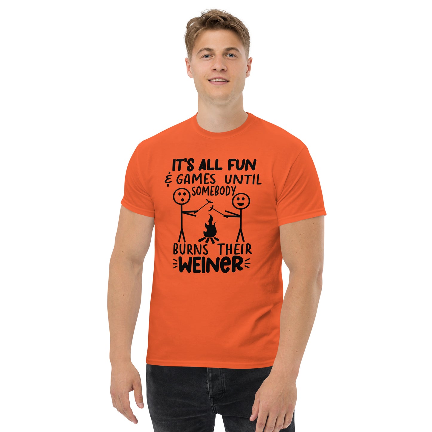 It's All Fun & Games Until Somebody Burns Their Weiner (BBQ Grilling Humor) T-Shirt - Color: Red