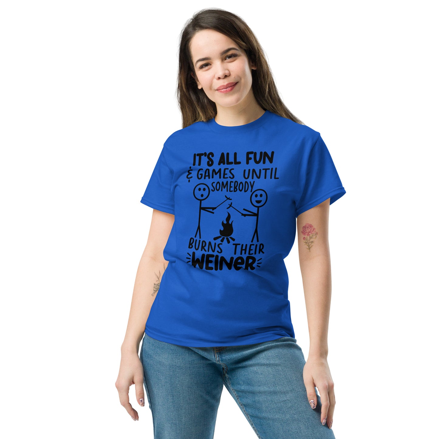 It's All Fun & Games Until Somebody Burns Their Weiner (BBQ Grilling Humor) T-Shirt - Color: Red