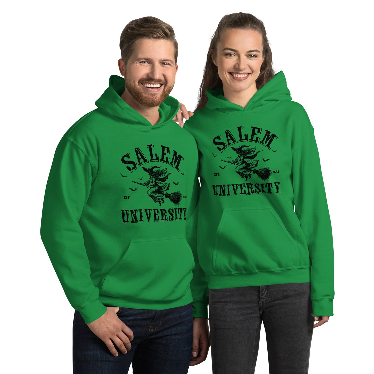 Salem University Hoodie (Halloween Witch Riding Broom) - Color: Irish Green