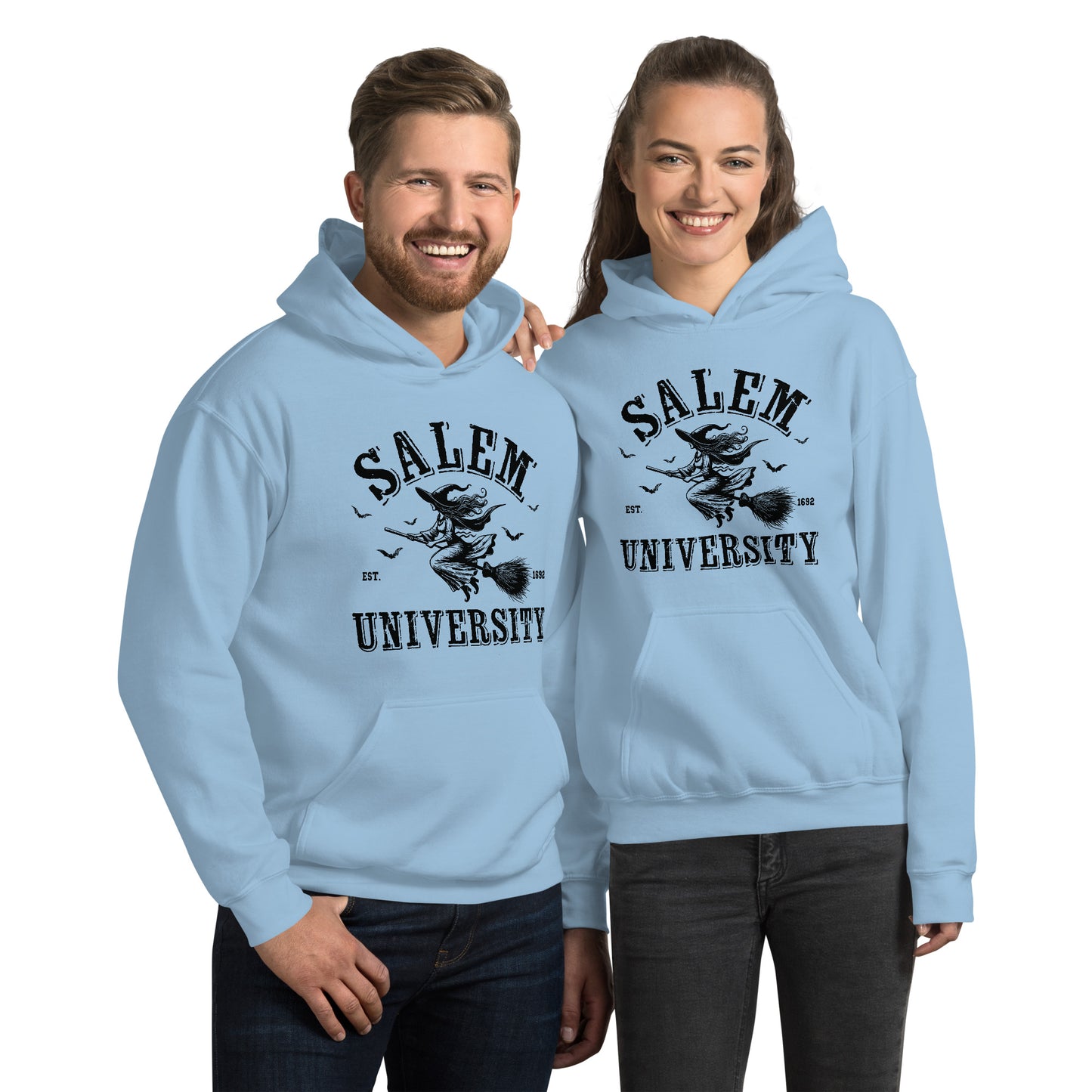 Salem University Hoodie (Halloween Witch Riding Broom) - Color: Light Blue