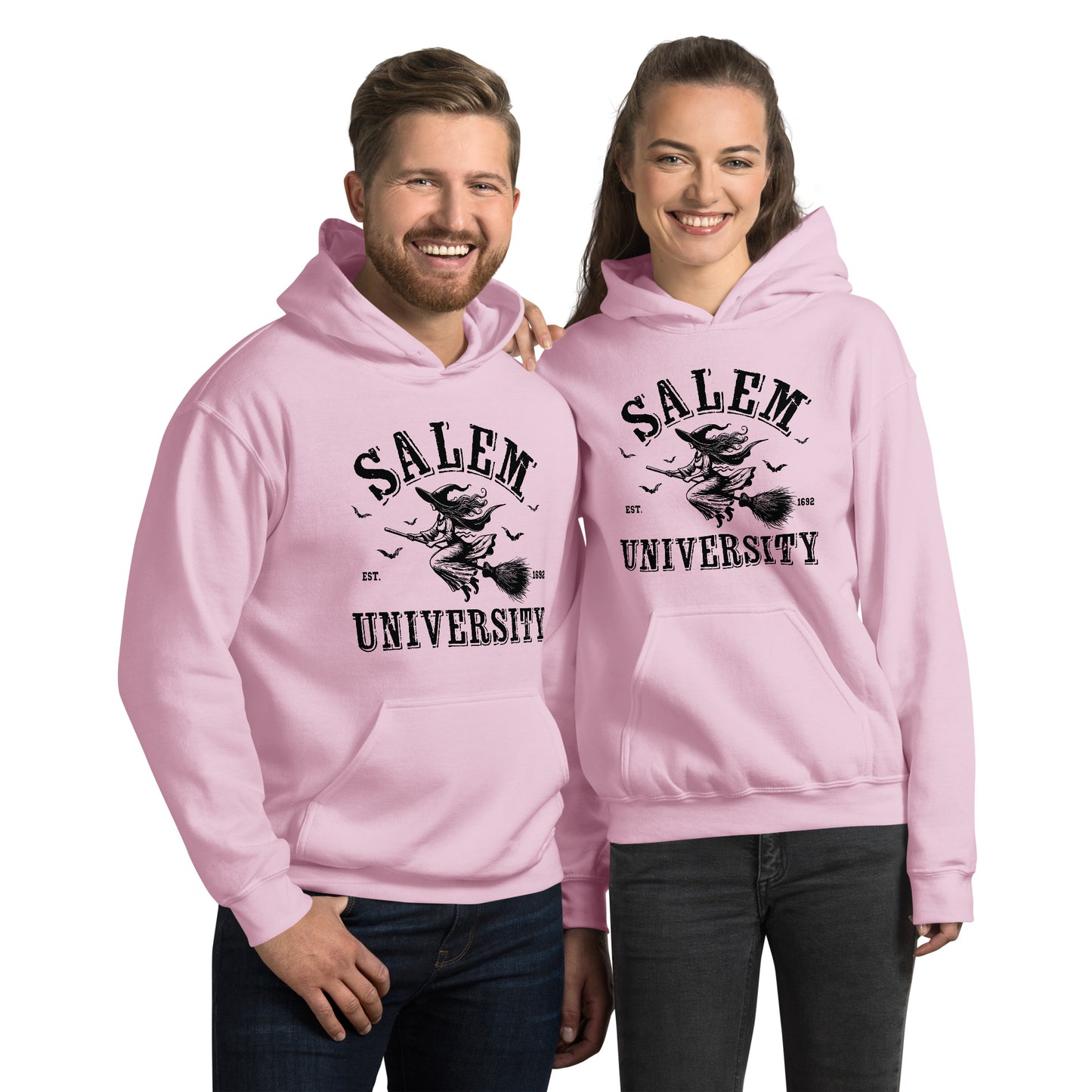 Salem University Hoodie (Halloween Witch Riding Broom) - Color: Light Pink
