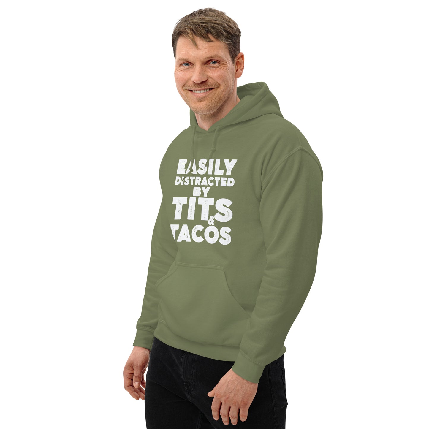 Easily Distracted by Tits and Tacos Hoodie - Color: Black