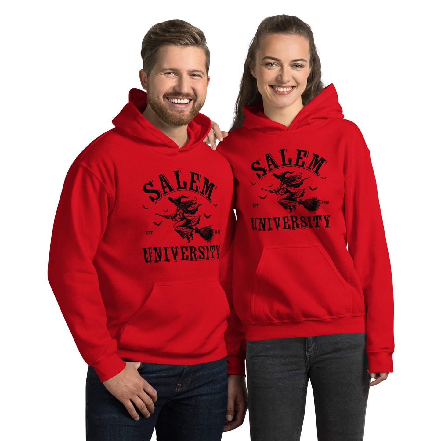 Salem University Hoodie (Halloween Witch Riding Broom) - Color: Red