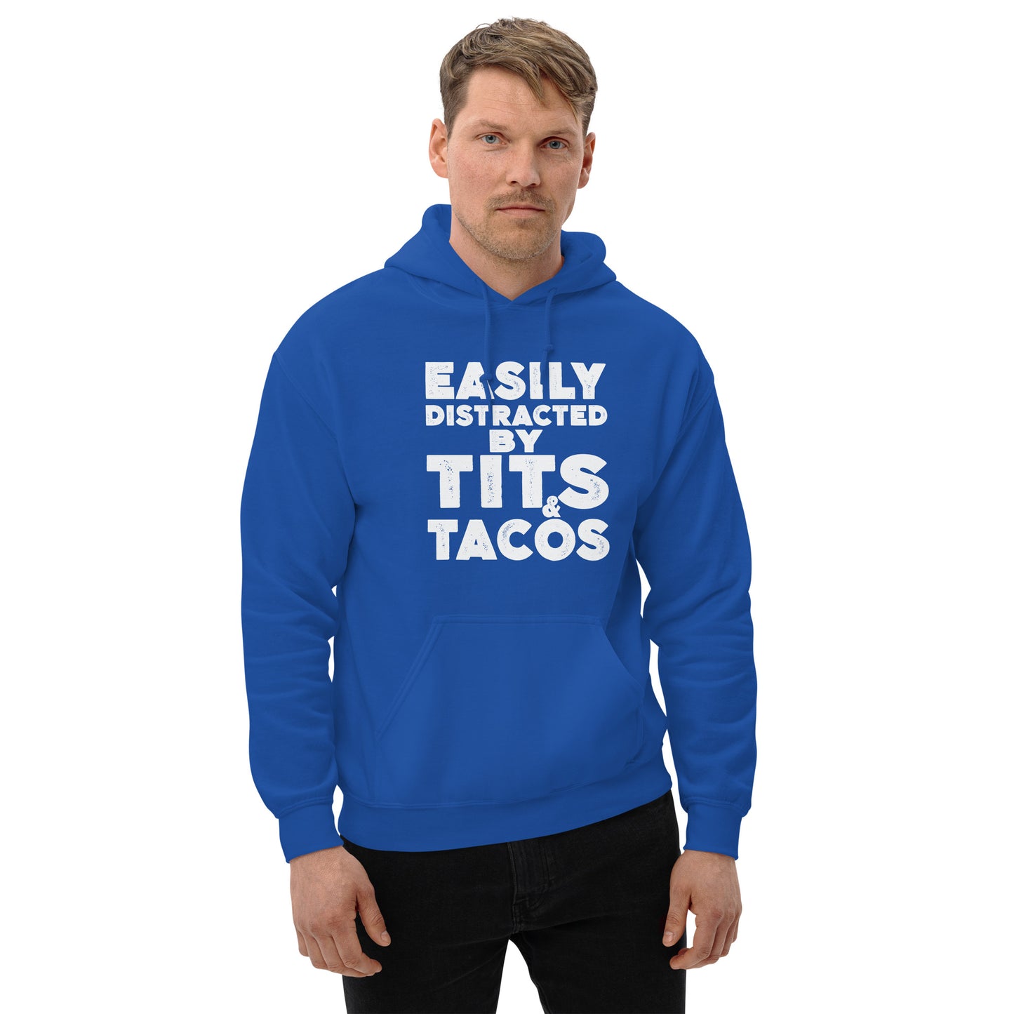 Easily Distracted by Tits and Tacos Hoodie - Color: Royal