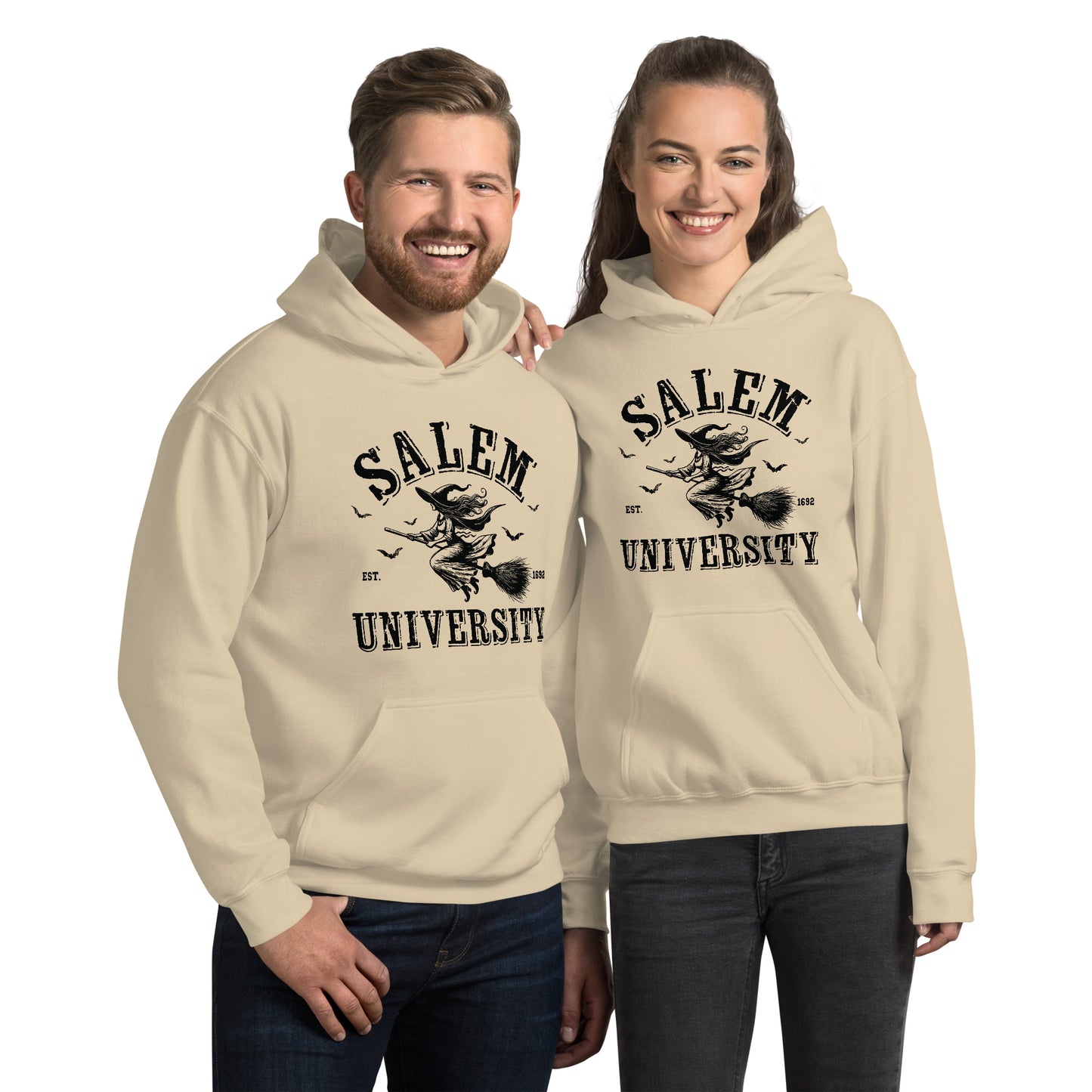 Salem University Hoodie (Halloween Witch Riding Broom) - Color: Sand