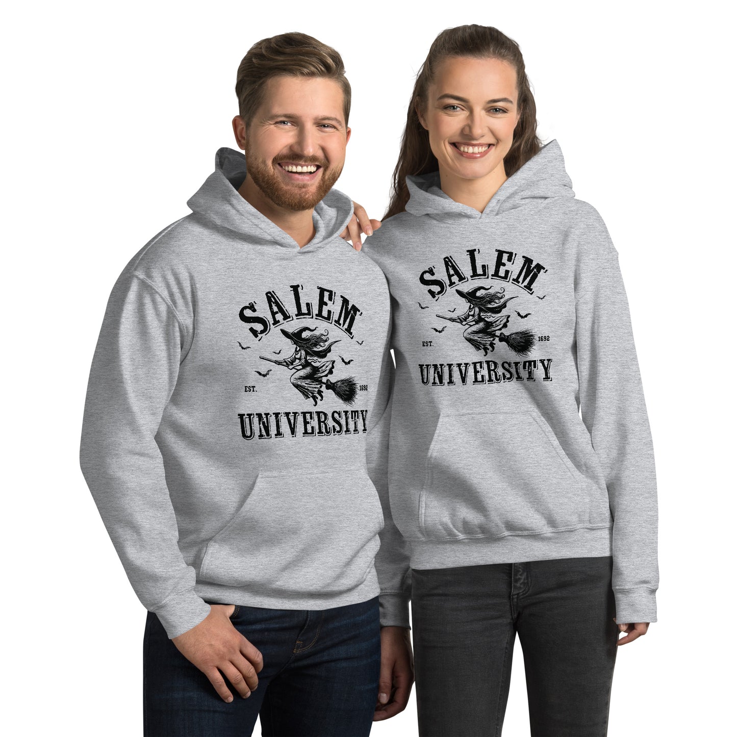 Salem University Hoodie (Halloween Witch Riding Broom) - Color: Sport Grey