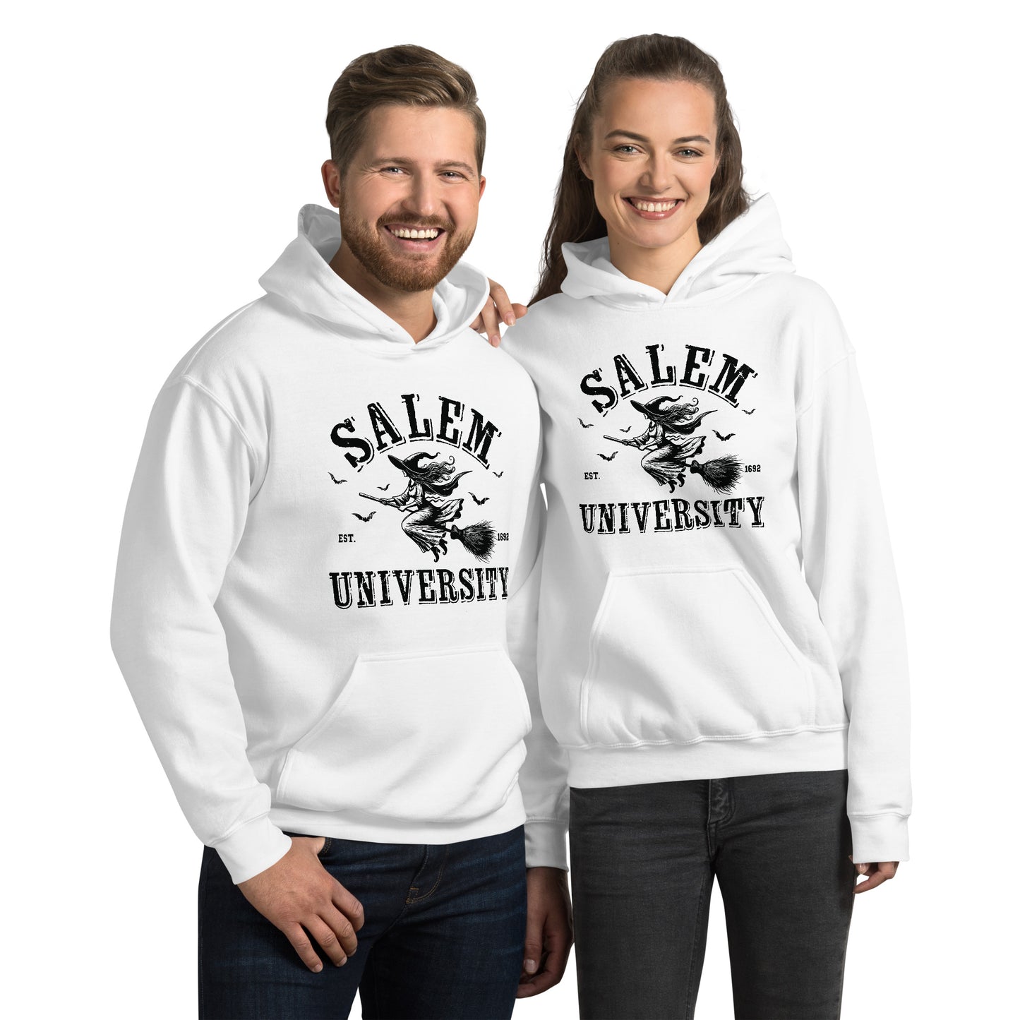 Salem University Hoodie (Halloween Witch Riding Broom) - Color: White