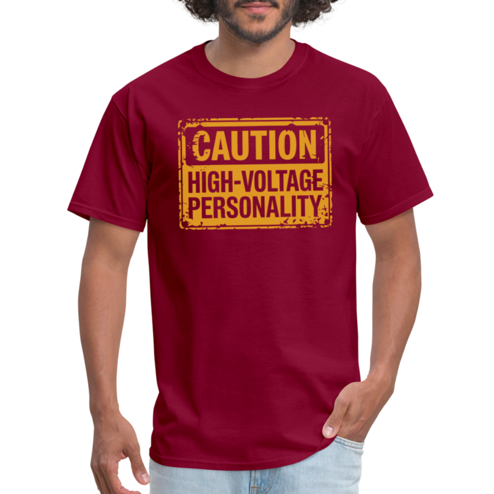 Caution High Voltage Personality T-Shirt - burgundy