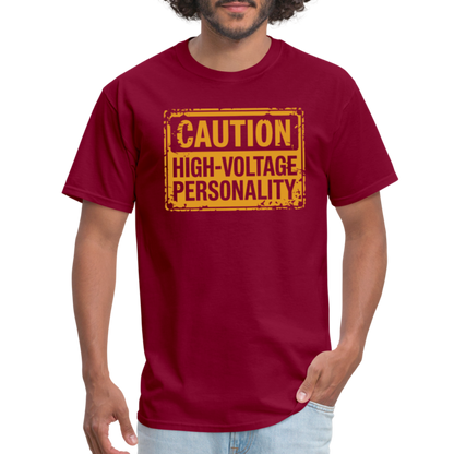 Caution High Voltage Personality T-Shirt - burgundy