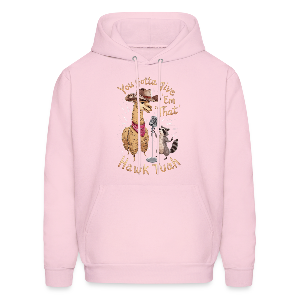 You Gotta Give 'Em That Hawk Tuah Hoodie with Lama & Raccoon - Color: pale pink