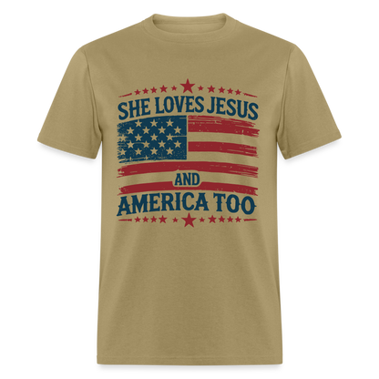 She Loves Jesus and America Too T-Shirt - khaki