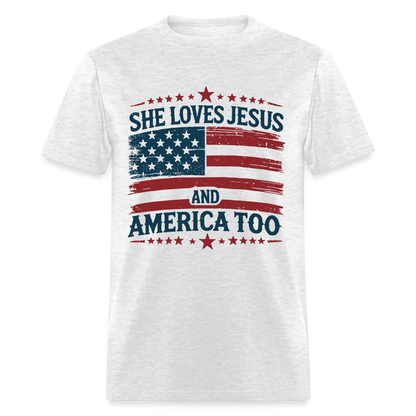 She Loves Jesus and America Too T-Shirt - light heather gray