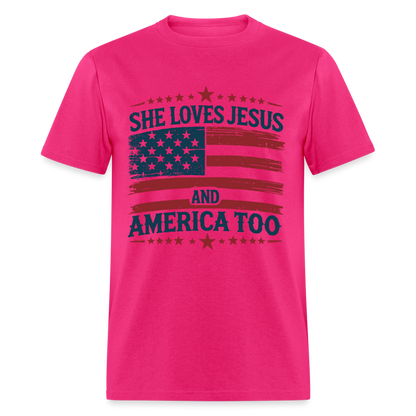 She Loves Jesus and America Too T-Shirt - fuchsia