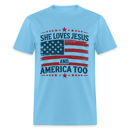 She Loves Jesus and America Too T-Shirt - aquatic blue