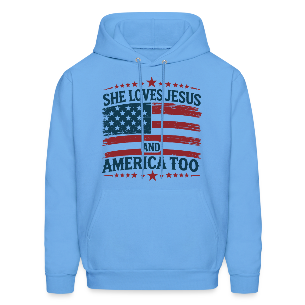 She Loves Jesus and America Too Hoodie - carolina blue