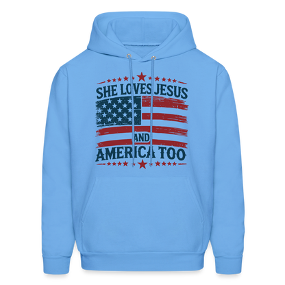 She Loves Jesus and America Too Hoodie - carolina blue