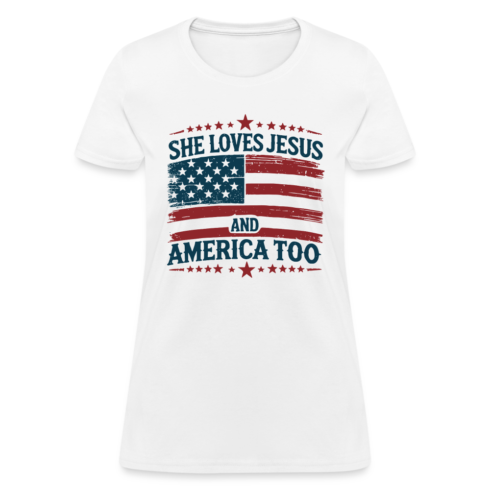 She Loves Jesus and America Too Women's T-Shirt - white