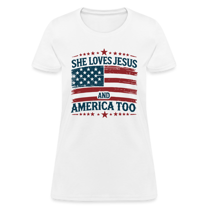 She Loves Jesus and America Too Women's T-Shirt - white