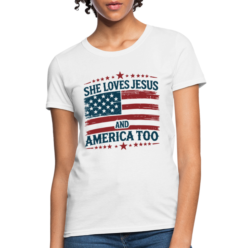 She Loves Jesus and America Too Women's T-Shirt - white