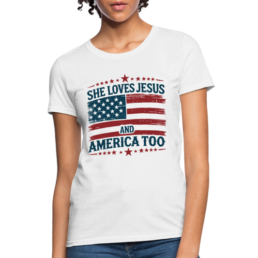 She Loves Jesus and America Too Women's T-Shirt - Color: white