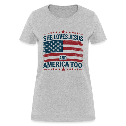 She Loves Jesus and America Too Women's T-Shirt - heather gray