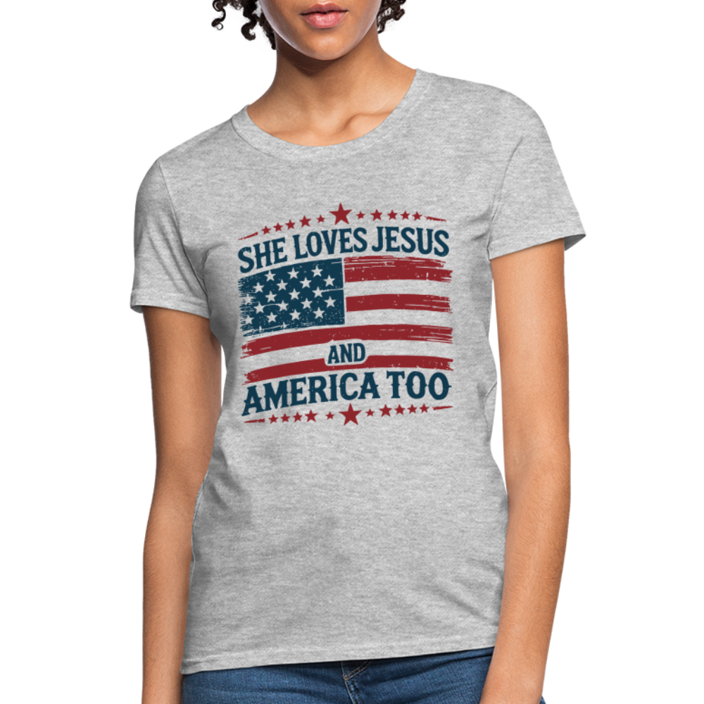 She Loves Jesus and America Too Women's T-Shirt - heather gray