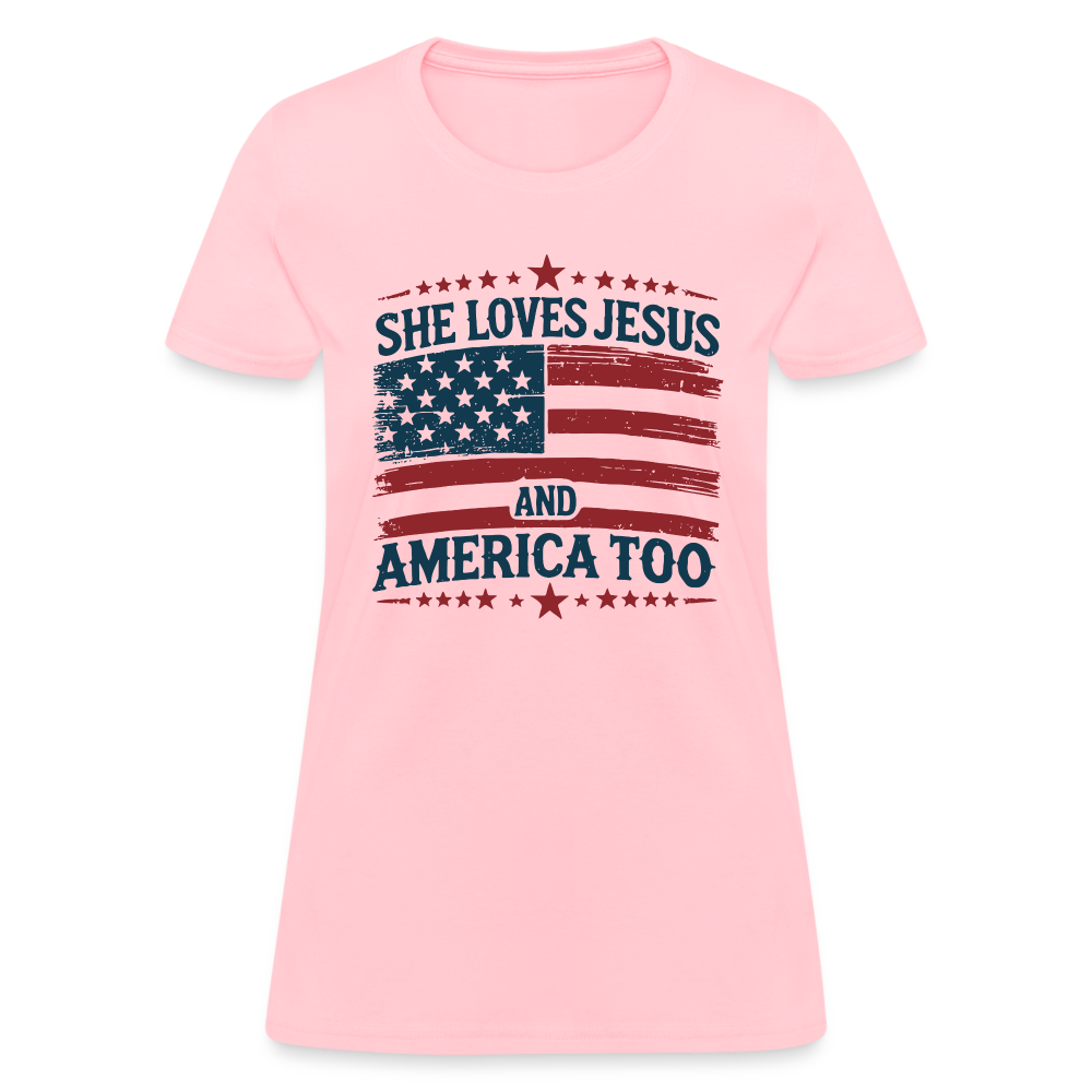 She Loves Jesus and America Too Women's T-Shirt - pink