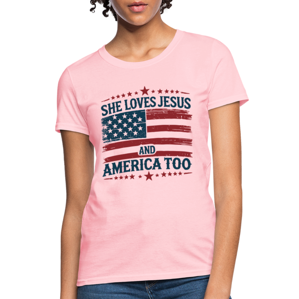 She Loves Jesus and America Too Women's T-Shirt - pink