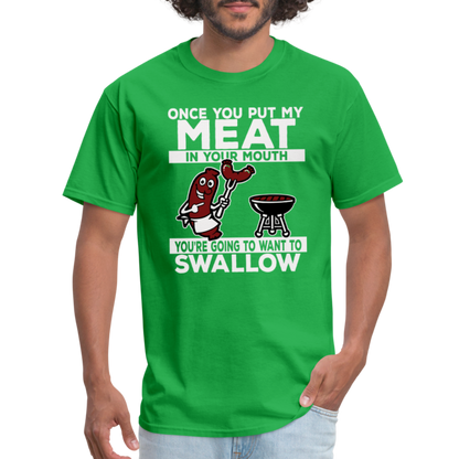 Swallow My Meat (BBQ Grilling Adult Humor) T-Shirt - Color: bright green