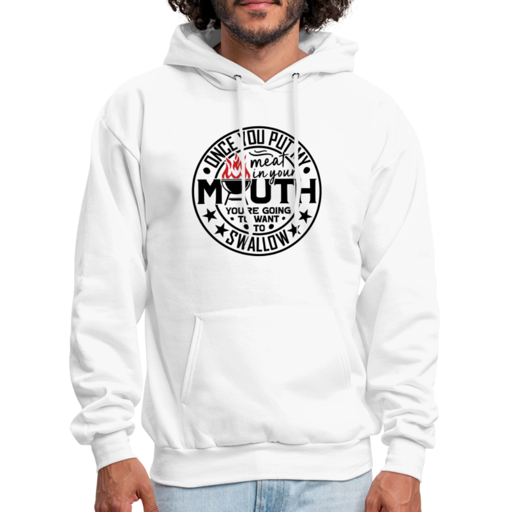 Meat in Mouth, Swallow (Funny BBQ Grilling Humor) Hoodie Color: Sand