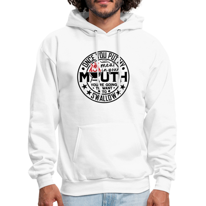 Meat in Mouth, Swallow (Funny BBQ Grilling Humor) Hoodie Color: Sand