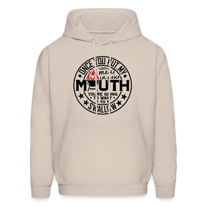 Meat in Mouth, Swallow (Funny BBQ Grilling Humor) Hoodie Color: Sand