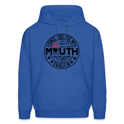 Meat in Mouth, Swallow (Funny BBQ Grilling Humor) Hoodie Color: royal blue