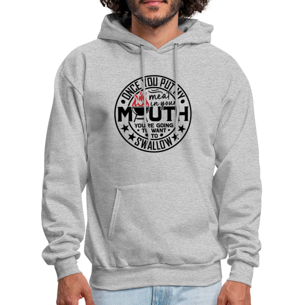 Meat in Mouth, Swallow (Funny BBQ Grilling Humor) Hoodie Color: Sand