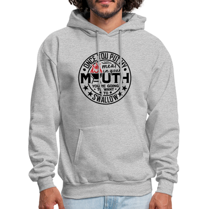 Meat in Mouth, Swallow (Funny BBQ Grilling Humor) Hoodie Color: Sand