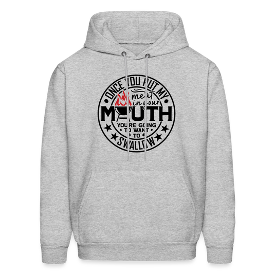 Meat in Mouth, Swallow (Funny BBQ Grilling Humor) Hoodie - Color: heather gray