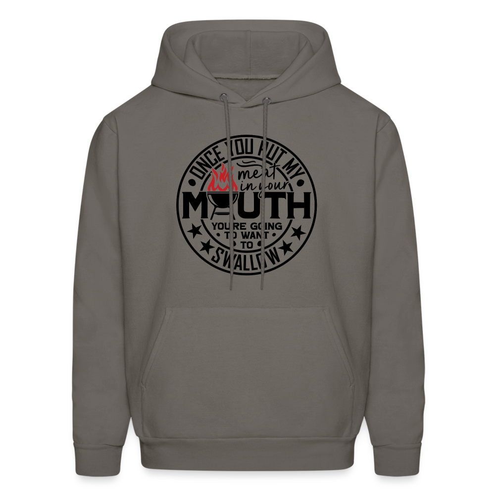 Meat in Mouth, Swallow (Funny BBQ Grilling Humor) Hoodie Color: Sand