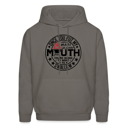 Meat in Mouth, Swallow (Funny BBQ Grilling Humor) Hoodie Color: Sand