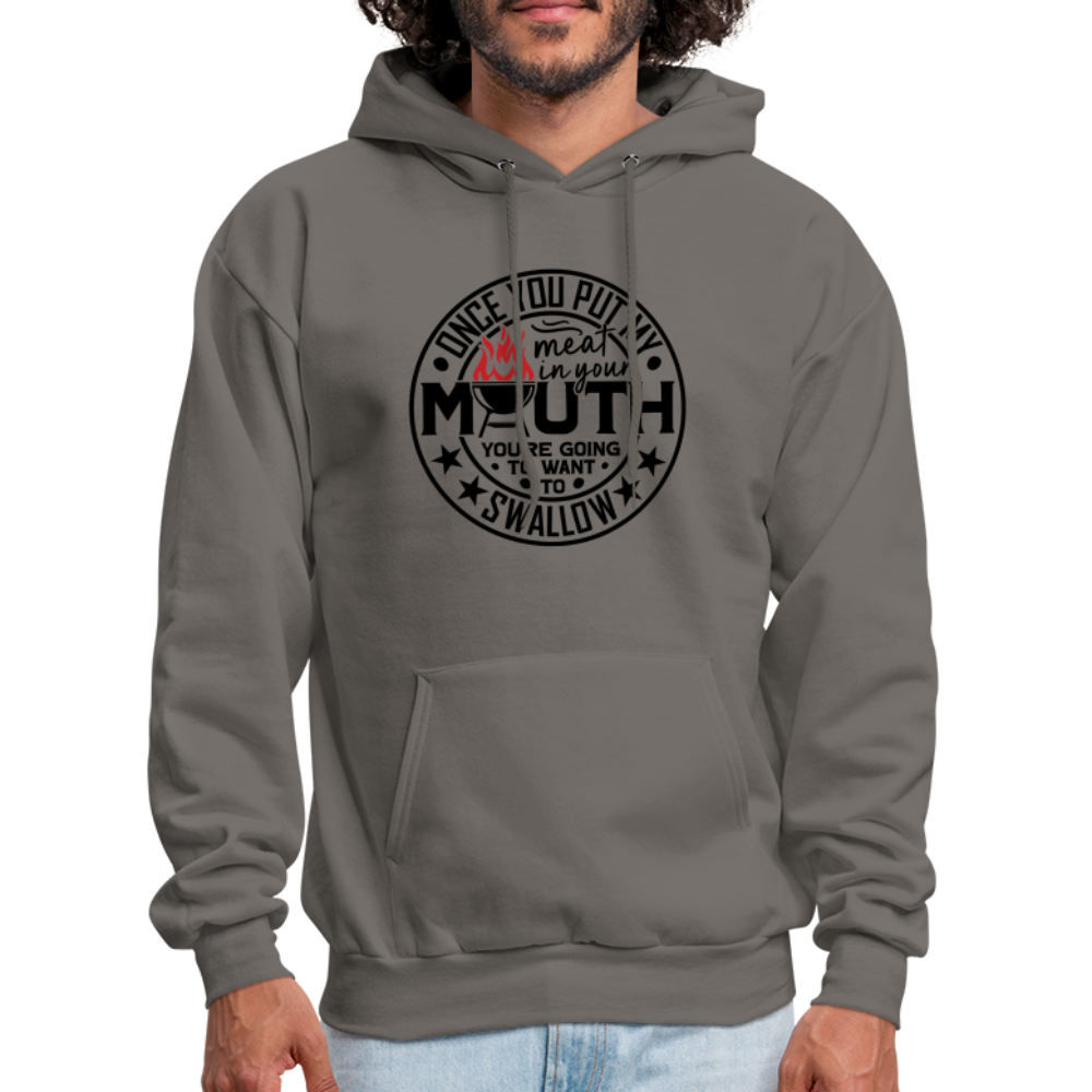 Meat in Mouth, Swallow (Funny BBQ Grilling Humor) Hoodie Color: asphalt gray