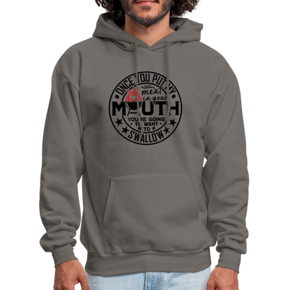 Meat in Mouth, Swallow (Funny BBQ Grilling Humor) Hoodie Color: asphalt gray