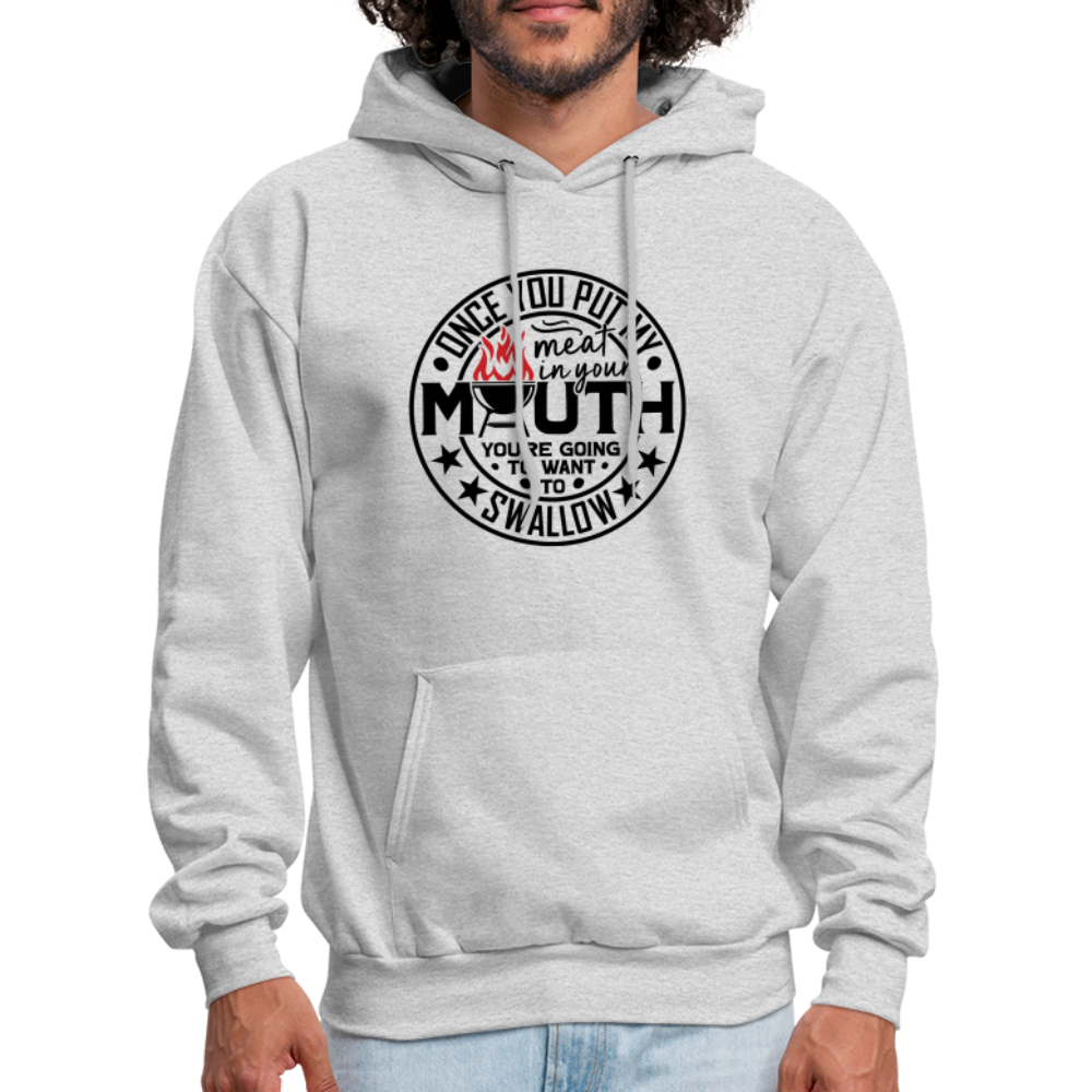 Meat in Mouth, Swallow (Funny BBQ Grilling Humor) Hoodie Color: Sand